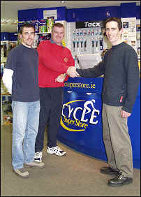 Shane Stokes with John Donnolly and Mike Fearon of the Cycle Super Store